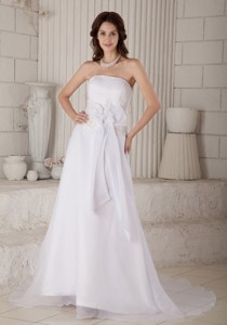 Lovely Column Strapless Court Train Organza Hand Made Flowers and Embroidery Wedding Dress 