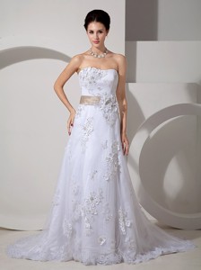 Elegant Column Strapless Court Train Satin Lace Belt Wedding Dress 