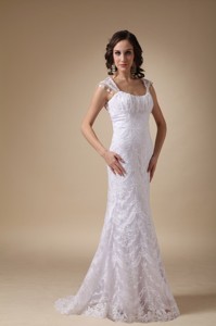Fashionable Column Square Brush Train Satin and Lace Wedding Dress 