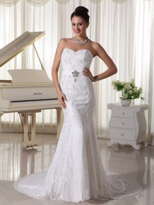 Sweetheart Court Train Sheath Wedding Gowns With Beading Over Bodice Lace and Elastic Woven Satin 