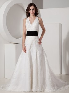 Popular Halter Court Train Satin And Lace Appliques Wedding Dress