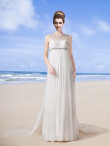 Beach Scoop Empire Brush Train Wedding Dress with Beading 