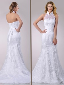 Most Popular Halter Top Mermaid Lace Bridal Dress With Brush Train