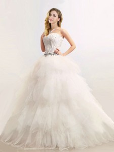 Sophisticated Strapless Feathered And Beaded Wedding Dress In Tulle