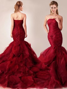 Classical Mermaid Sweetheart Tulle Ruffles Wedding Dress In Wine Red