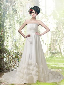 Romantic A Line Strapless Court Train Wedding Dress With Hand Made Flowers