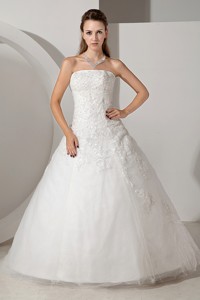 Lovely Strapless Chapel Train Tulle Appliques Wedding Dress