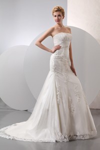 Modest Mermaid Strapless Court Train Taffeta and Organza Lace and Appliques Wedding Dress 