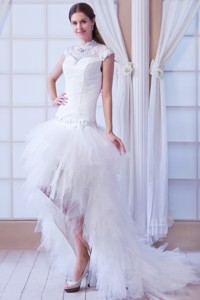 Beautiful High-neck Court Train Tulle Beading Wedding Dress