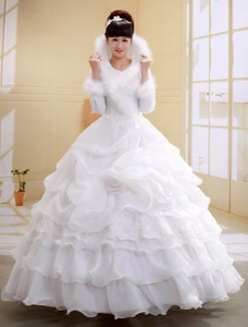 Bad Sobernheim Germany White High-neck Long Sleeves Ball Gown Organza Wedding Dress With Imitated Fe