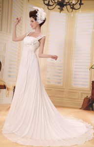 Customize Beaded Decorate Straps For Pleat Chiffon Wedding Dress With Court Train 