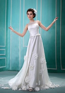 Wholesale Hand Made Flowers Bateau Discount Wedding Dress With Court Train