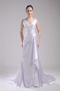 Column V-neck Ruching And Appliques Bridal Dress In