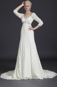 Beautiful Empire Lace White Long Wedding Dress With Court Train