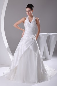 Court Train Ruching Halter Wedding Dress With Lace-up