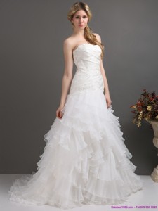 White Strapless Pleated Wedding Dress With Ruffled Layers