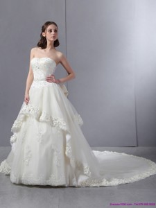 Laced Beaded White Wedding Dress With Chapel Train