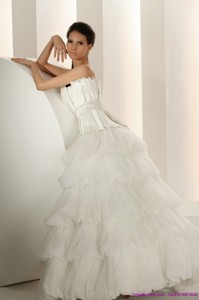 Popular Beaded Strapless White Wedding Dress With Ruffled Layers