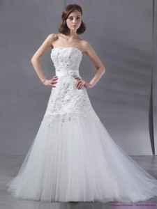 Popular White Strapless Wedding Dress With Sequins And Brush Train