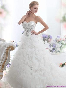 Beading Sweetheart White Bridal Gown with Ruffles and Brush Train 