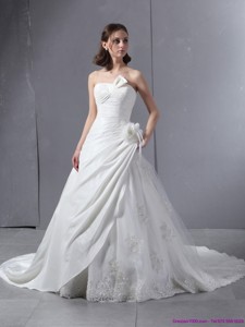 Elegant Strapless Wedding Dress With Hand Made Flowers And Ruching