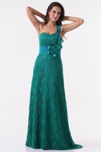 Column One Shoulder Lace Bow Floor-length Turquoise Prom Dress