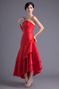 Wine Red Strapless Ruching Asymmetrical Prom Dress