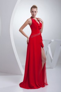 Empire Brush Train Red Beading Halter Chiffon Prom Dress