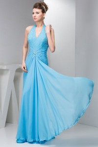 Spring Aqua Blue Empire Halter Beading Chiffon Prom Dress