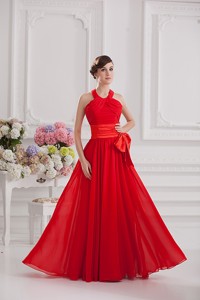 Ruching and Bowknot Halter Top Empire Prom Dress in Red