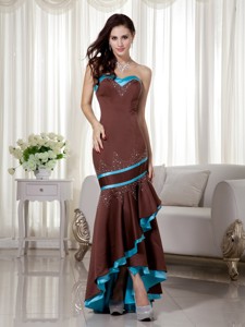 Brown and Blue Mermaid Sweetheart Satin Prom Dress with Asymmetrical Beading
