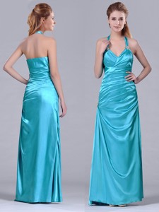 Column Halter Top Elastic Woven Satin Aqua Blue Prom Dress With Ruching