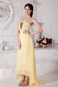 Light Yellow High-low Chiffon Prom Evening Dress With Beading