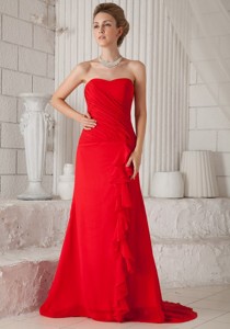 Red Princess Strapless Court Train Chiffon Ruch Prom Evening Dress