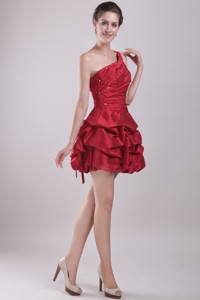 Red Princess One Shoulder Mini-length Taffeta Beading Prom Homecoming Dress