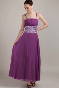 Purple Empire Strap Ankle-length Chiffon Ruch Prom Dress
