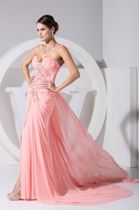 Jewelry Sweetheart Prom Dress With High Slit And Watteau Train