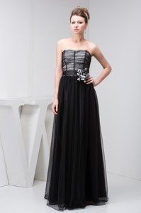 Tulle Column Sweetheart Black Prom Dress with Handmade Flower