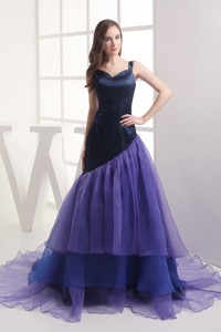 Straps Purple Ruffled Layers Organza Prom Dress