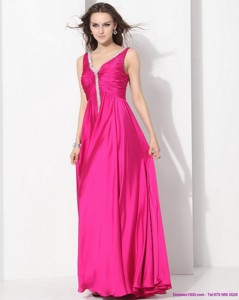 Perfect Hot Pink Long Prom Dress With Beading And Ruching