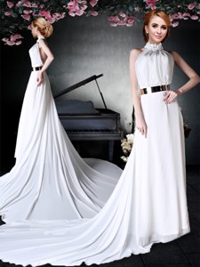 Beautiful Applique Decorated Halter Top White Prom Dress in Chiffon