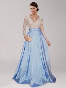 Gorgeous Beaded and Belted Deep V Neckline Prom Dress in Baby Blue