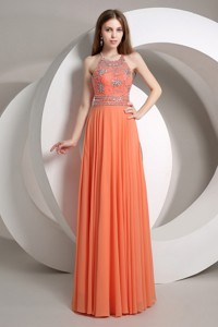 Elegant Beaded Empire Orange Prom Dress With Halter Top