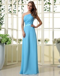 Wonderful One Shoulder Belt And Ruffles Aqua Blue Long Prom Dress