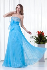 Elegant Empire Strapless Beading Chiffon Aqua Blue Floor-length Prom Dress