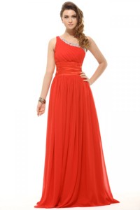 Empire One Shoulder Chiffon Beading And Ruching Red Prom Dress