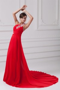Elegant Empire One Shoulder Appliques Court Train Chiffon Red Prom Dress