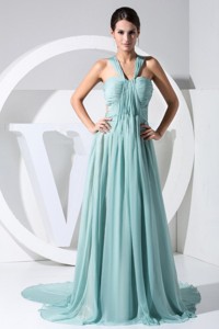 Ruch Decorate Bodice Straps Watteau Train Chiffon Light Blue Prom Dress