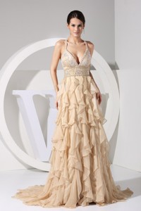 Embroidery And Ruffles Decorate Bodice Brush Train Champagne Straps Prom Dress