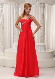 Beaded Decorate One Shoulder Red Chiffon Floor-length Prom Dress